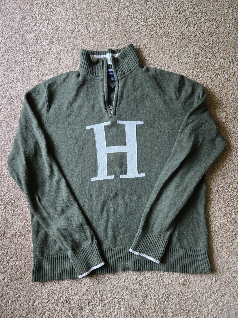 Tommy Hilfiger Olive Green 1/4 Zip Big "H" Sweater Large